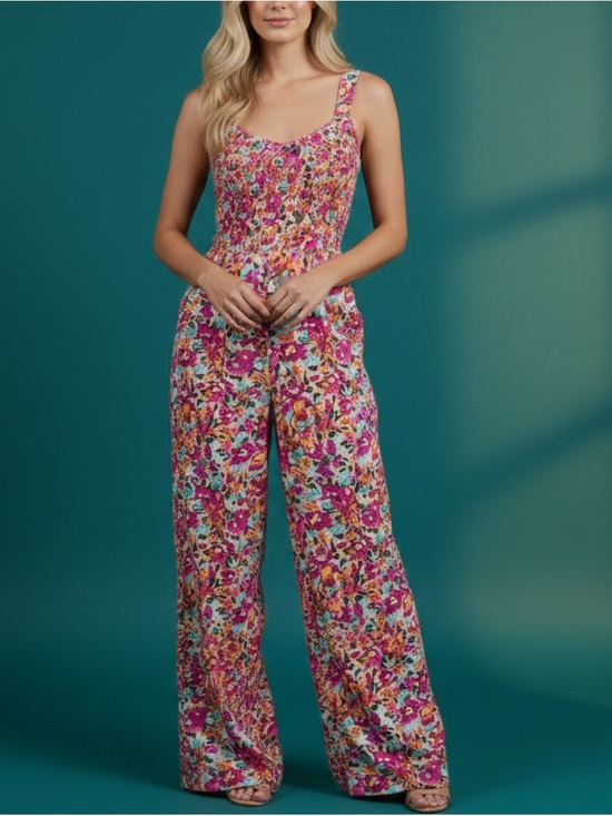 Pants - Floral Smocked Wide-Leg Jumpsuit in Pink Floral L